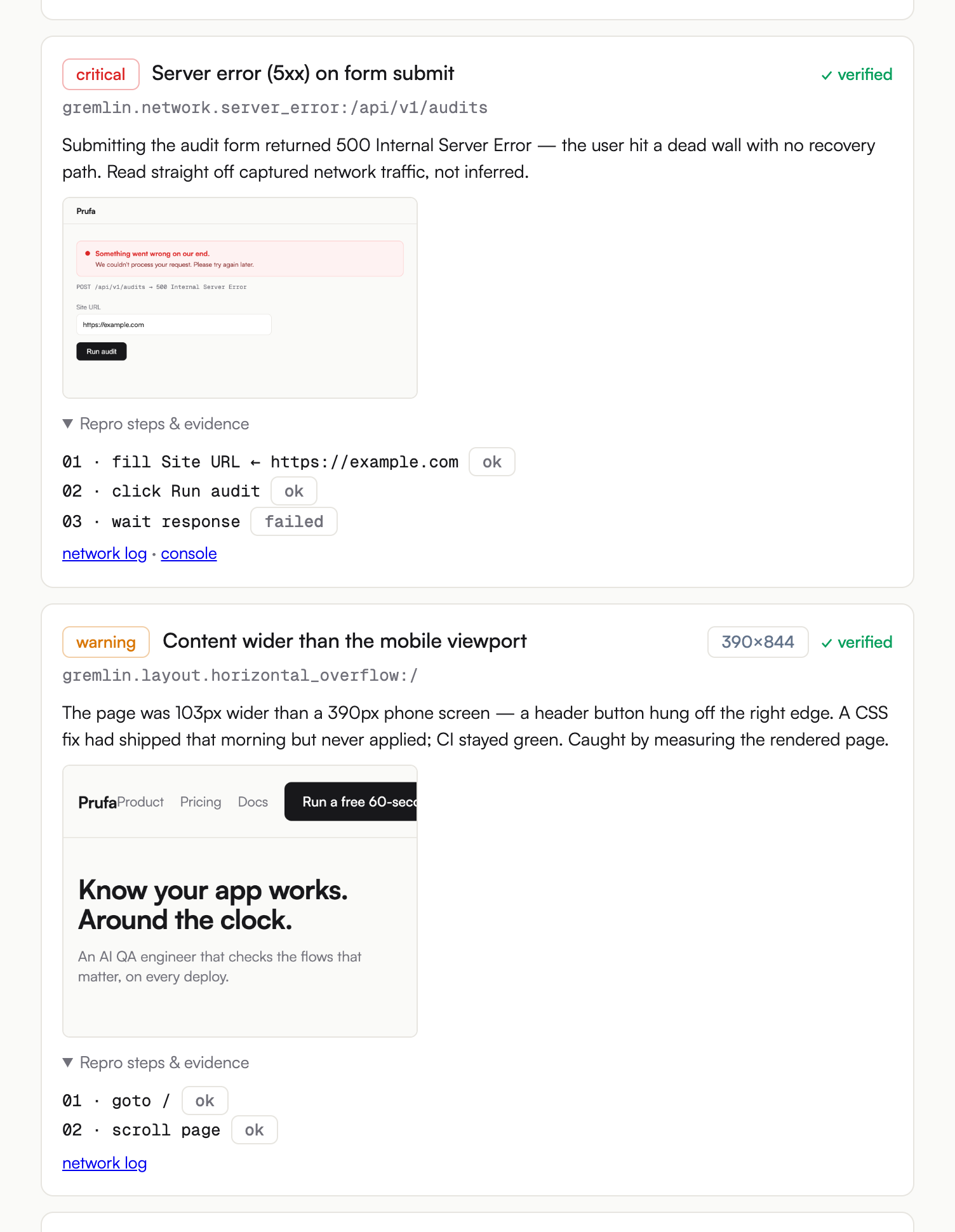 Two Gremlin finding cards with captured evidence: a critical 500-on-submit finding showing the actual error banner screenshot and a three-step repro, and a warning mobile-overflow finding showing the phone screenshot where a header button hangs off the right edge